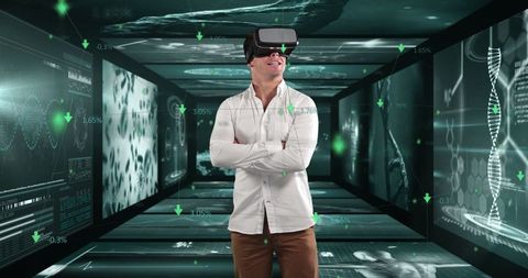 Man immersed in virtual reality experiencing futuristic digital world