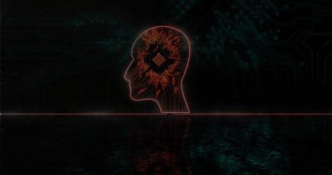 Neon Circuitry Human Head with Microchip Concept