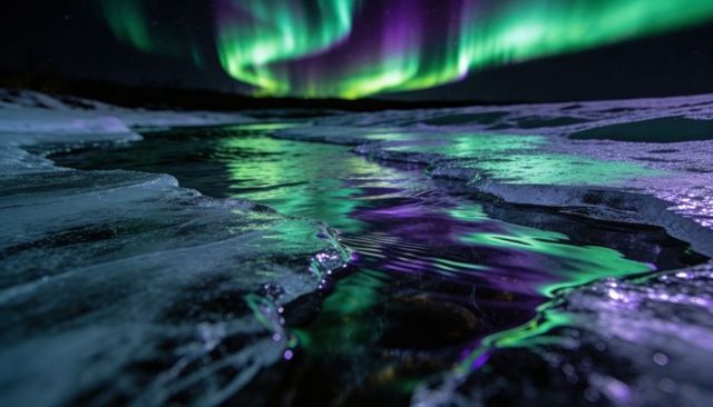 Aurora Borealis reflecting on frozen shoreline with narrow melt channel reflections
