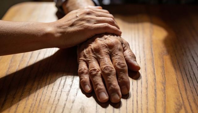 Senior hand receiving gentle support from caregiver on sunlit wooden tabletop