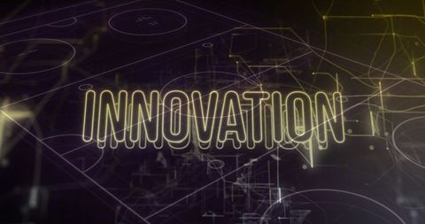 Glowing innovation neon wordmark over futuristic wireframe blueprints and circuit grid