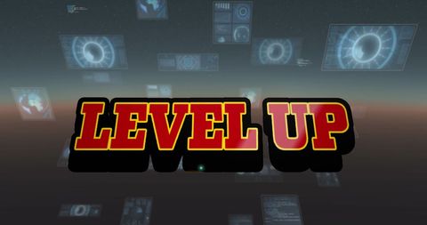 Level up game screen with digital interface background