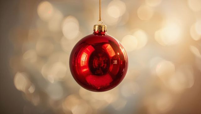 Hanging Glossy Red Christmas Bauble Reflecting Warm Bokeh Lights
