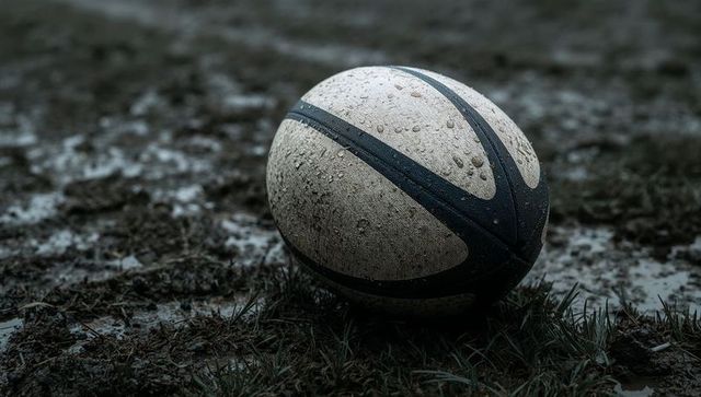 Rugby ball resting on muddy field with rain droplets