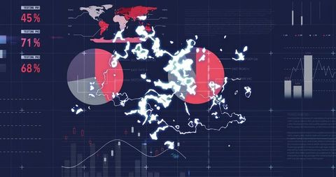 Glowing data cluster visualizing global network heatmap, metrics and candlestick charts