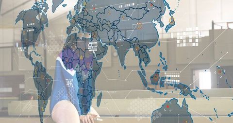 Female Athlete Leaning on Gym Bench Wearing Blue Leotard with Global HUD Data Overlay