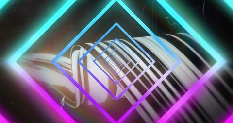 Pulsing neon diamond tunnel with black-and-white swirling ribbon, cyan magenta glow
