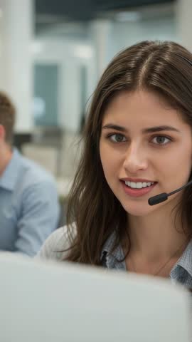 Vertical video Customer service agent receiving call adjusting headset monitoring screen