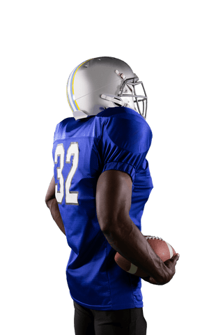 Athletic african american football player holding ball on transparent background