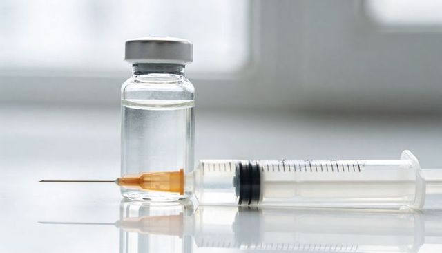 Sterile vaccine vial and disposable syringe on reflective surface with clinical backlight