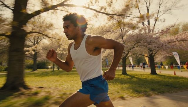 Sprinter sprinting through sunlit park with cherry blossoms, race flags and lens flare