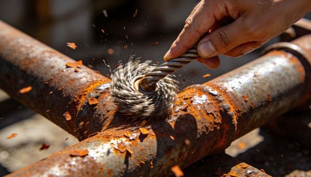 Hand removing rust from industrial pipes with rotating steel wire brush, close-up