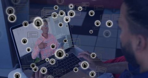 Watching remote presenter with floating chat avatars and participant typing on laptop