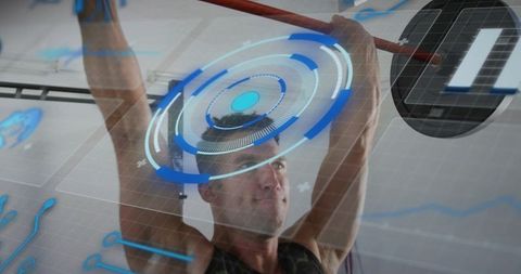 Mid-adult man pressing loaded barbell overhead under augmented reality hud for training