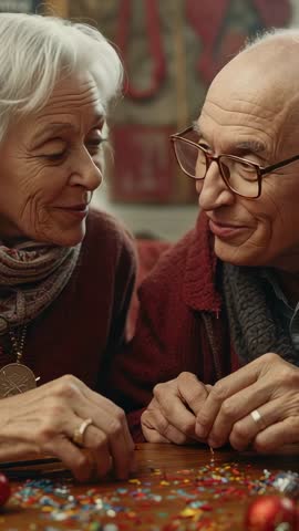 Vertical video: Senior couple crafting holiday bead garland, sorting colorful beads