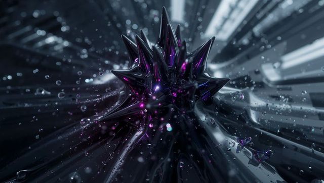 Futuristic black spiky form with luminous purple highlights