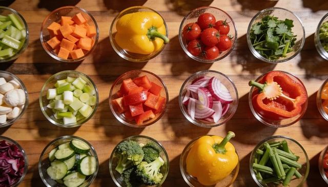 Displaying organized colorful prepped vegetables in glass bowls on wooden board