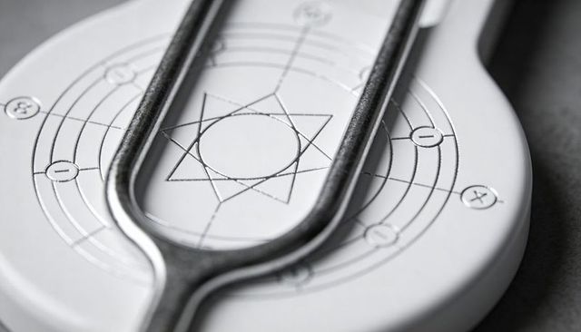 Macro metal tuning fork resting on engraved resonator plate with geometric hexagram