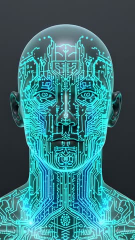 Illuminating Neon Circuit AI Bust Starting Up Vertical Futuristic Cybernetic Loop