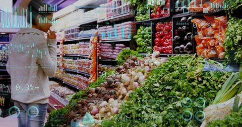Shopper inspecting produce with augmented data overlays in futuristic supermarket