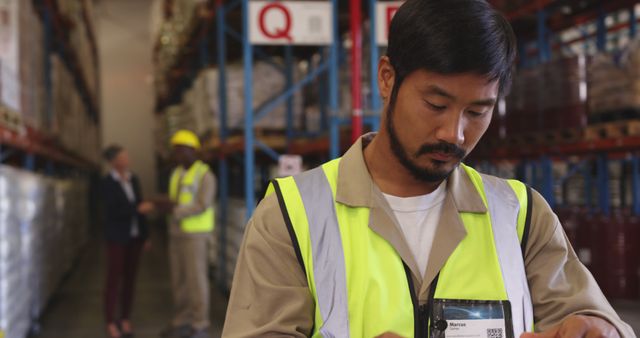 Warehouse Worker in Safety Vest Checking Inventory with Colleagues Nearby - Download Free Stock Images Pikwizard.com