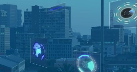 Futuristic technology scanning over urban skyline