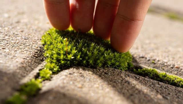 Fingertips lifting vibrant moss tuft from paver seam on sunlit concrete patio
