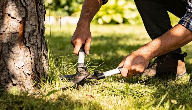 Gardener trimming grass at tree base with loppers close-up hands and tools