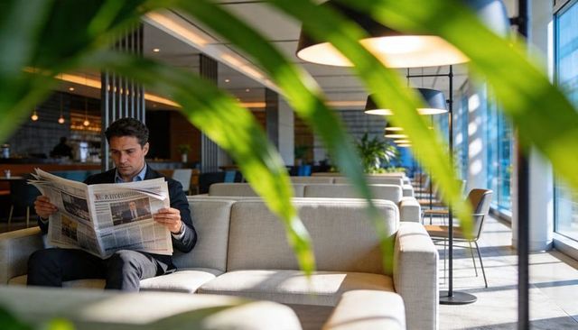 Executive reading newspaper on sofa in modern corporate lounge with plants and daylight