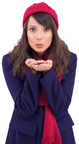 Transparent Woman Blowing Kiss in Winter Outfit for Festive Season