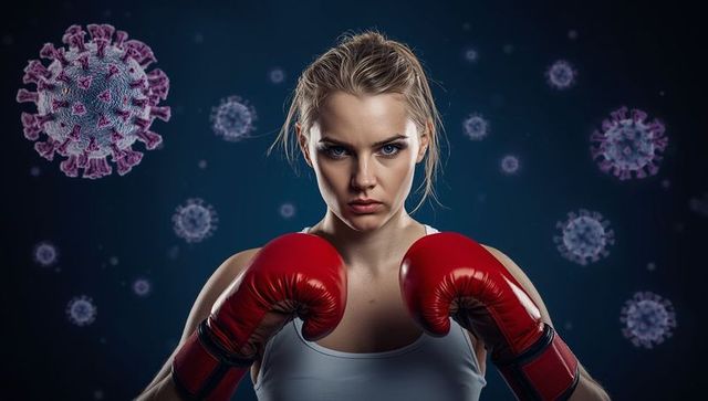 Determined Female Boxer Fighting Against Viruses