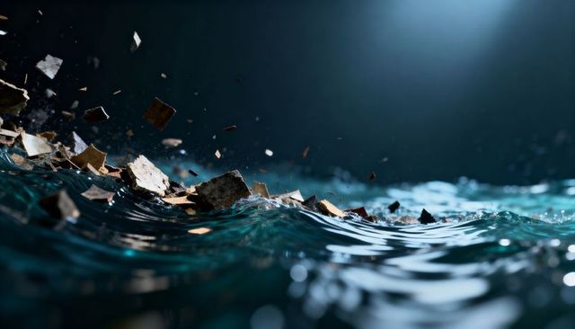 Backlit cresting wave launching ceramic and wood debris over dark teal water