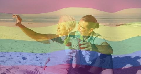 Senior Couple Celebrating Vacation Beach with Selfie and Cocktails