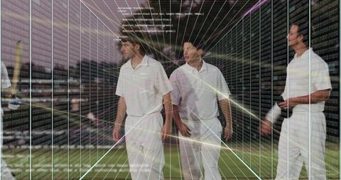 Cricketers walking on pitch with augmented reality code overlay and digital gridlines