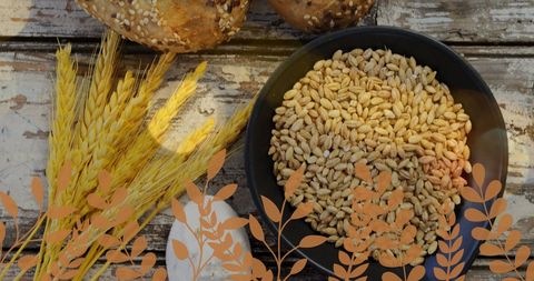 depicts rich grains and fresh bread on a wooden table, symbolizing nutrition and wellness. suitable for use in healthy eating campaigns, nutrition week promotions, and wellness blogs. provides a rustic, wholesome atmosphere, particularly useful for organic food product ads and dietitian materials.