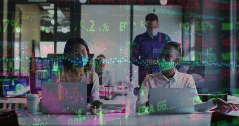 Diverse Coworkers Discussing Market Trends with Masks