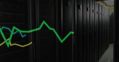 Dark datacenter aisle with server cabinets, vented doors, cabling and neon graphs