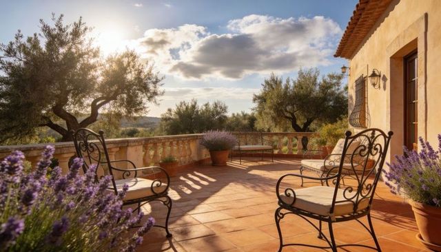 Sunlit mediterranean terrace with wrought-iron chairs, lavender and olive trees