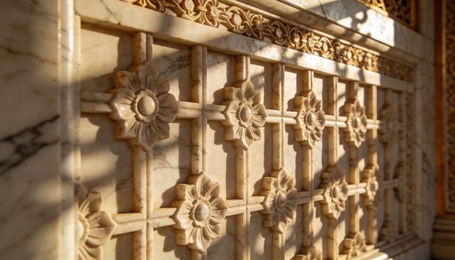 Carved marble panel featuring floral rosettes and geometric lattice in ornate palace
