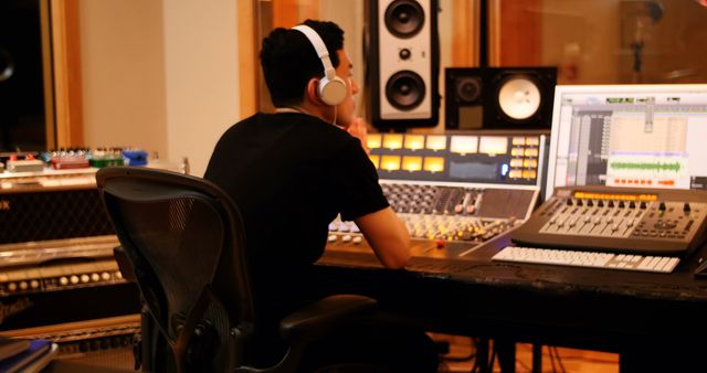 Audio engineer seated at mixing desk in professional recording studio, using headphones and various sound equipment. Suitable for illustrating professions in music and entertainment industries, audio technology, music production process, and creative workplace environments.