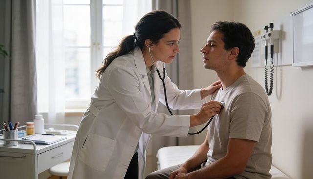 Female physician listening to male patient heart with stethoscope during clinic exam