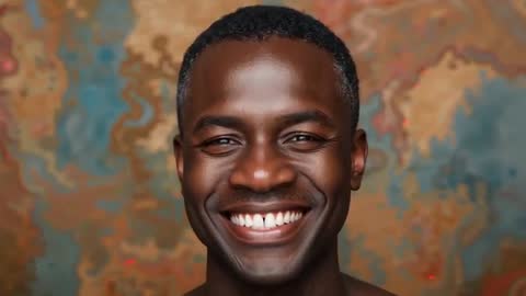 Smiling Black man giving broad grin during studio headshot with marbled backdrop