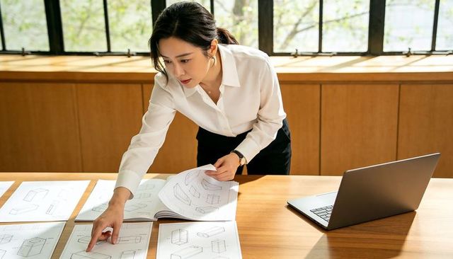 Asian woman reviewing product design sketches on wooden table with laptop in studio