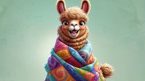 Whimsical cartoon brown llama wrapped in vibrant patchwork quilt