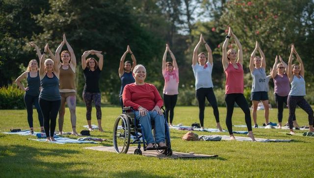 Community Yoga in Park with Senior in Wheelchair Leading Class