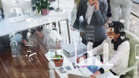 Busy Multi-ethnic Office with Digital Financial Data Analysis