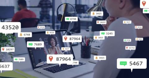 Watching remote video call with social notification overlays in open office workspace