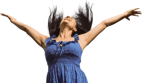 Joyful Woman in Blue Dress with Outstretched Arms Transparent Background
