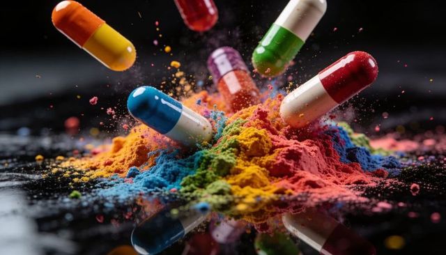 Colorful Capsules Exploding into Pigment Clouds over Glossy Black Surface