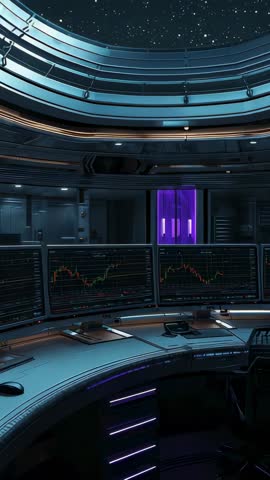 Activating Multi-Screen Console Monitoring Trading Charts Inside Futuristic Space Station